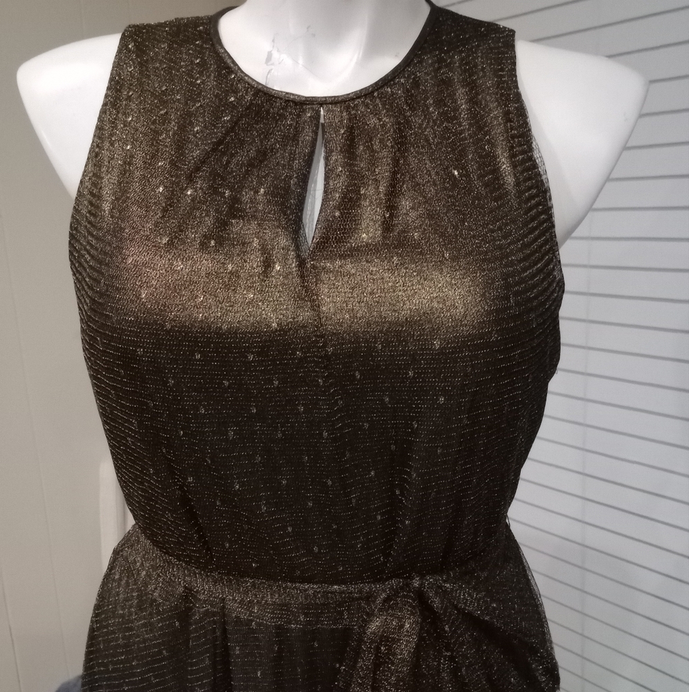 Gold Bronze Metallic Tiered Ruffle Hem Dress Size 16 Shawl Included NWOT - Picture 2 of 14